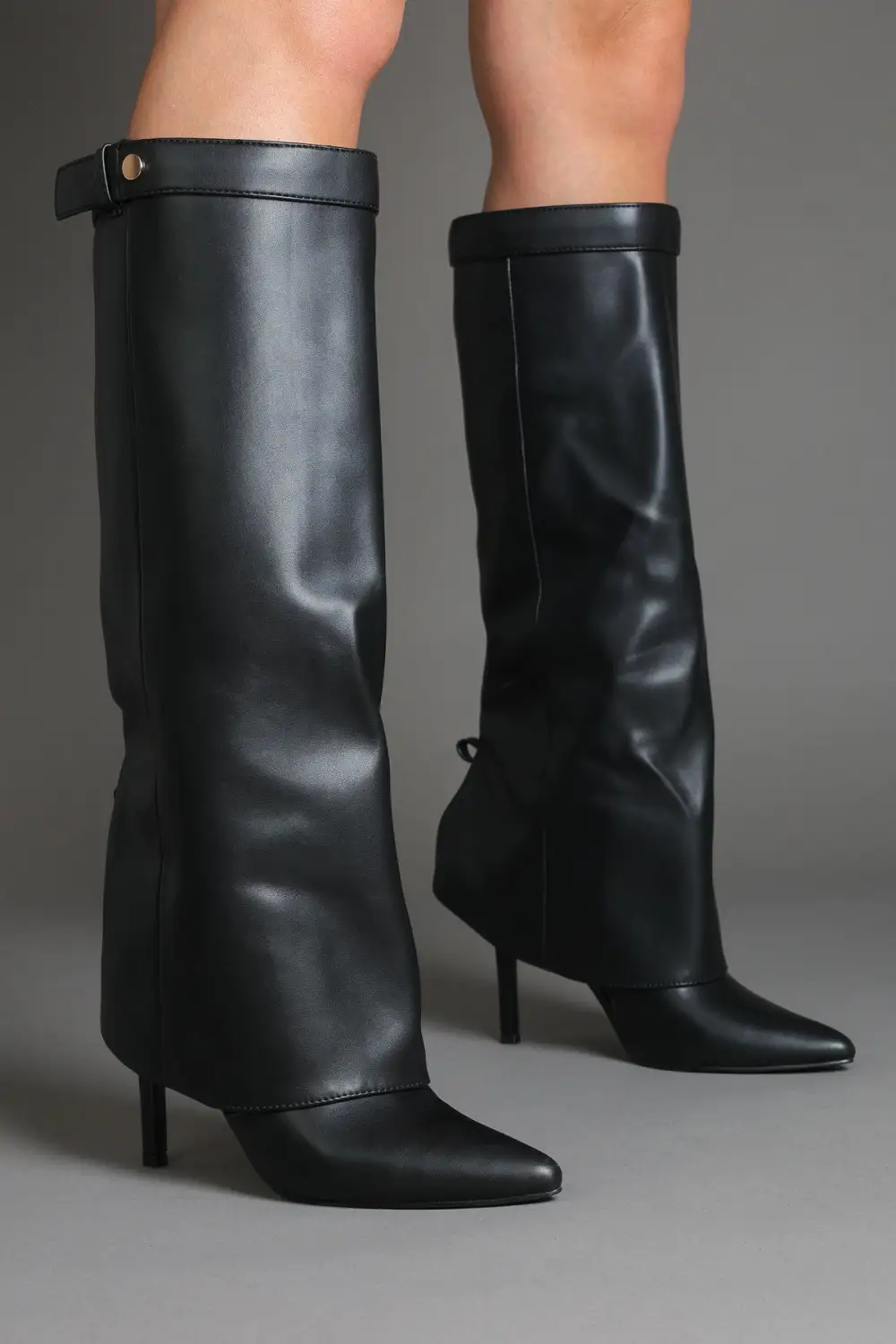 Western Inspired Stiletto Slouch Fold-Over Pointed Toe Knee High Boots