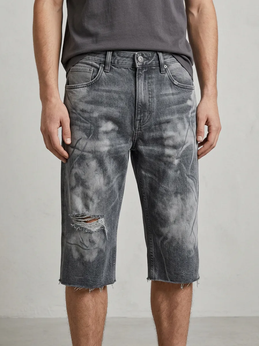 Men's Distressed Raw Hem Acid Wash Distressed Denim Shorts