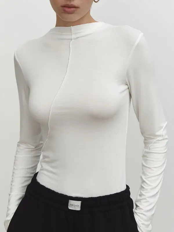 Long Sleeve Slim Fit Asymmetric Mock Neck T-Shirt