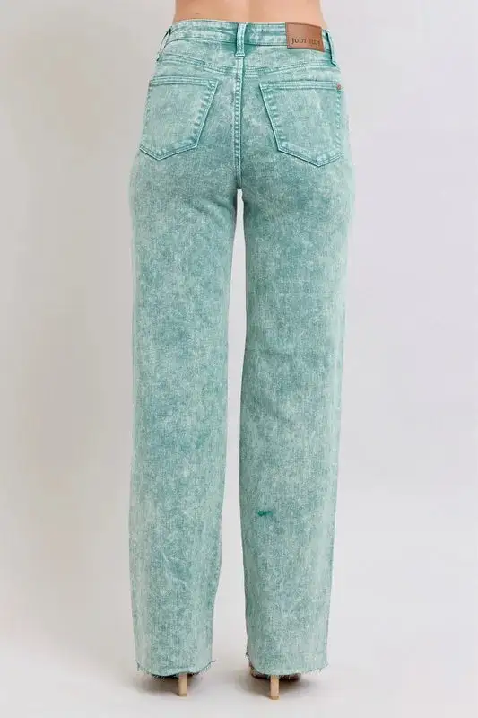 High-Waist Relaxed Raw-Hem Washed Straight Leg Jeans