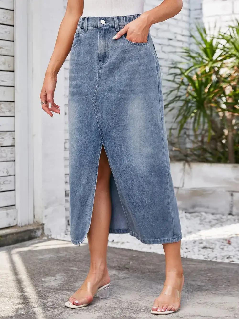 Slit Midi Denim Skirt With Pockets