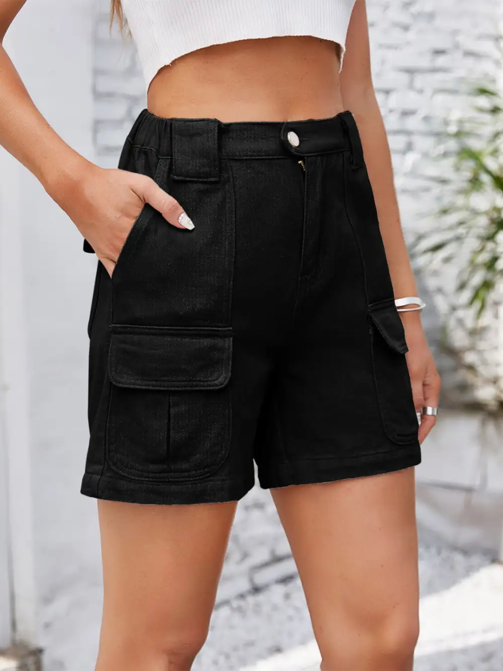 Khaki Waist Washed Denim Shorts