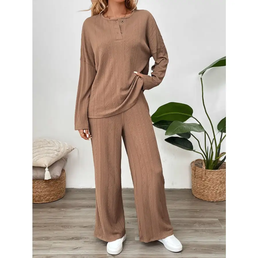 Quarter Button Long Sleeve Top and Pants Set