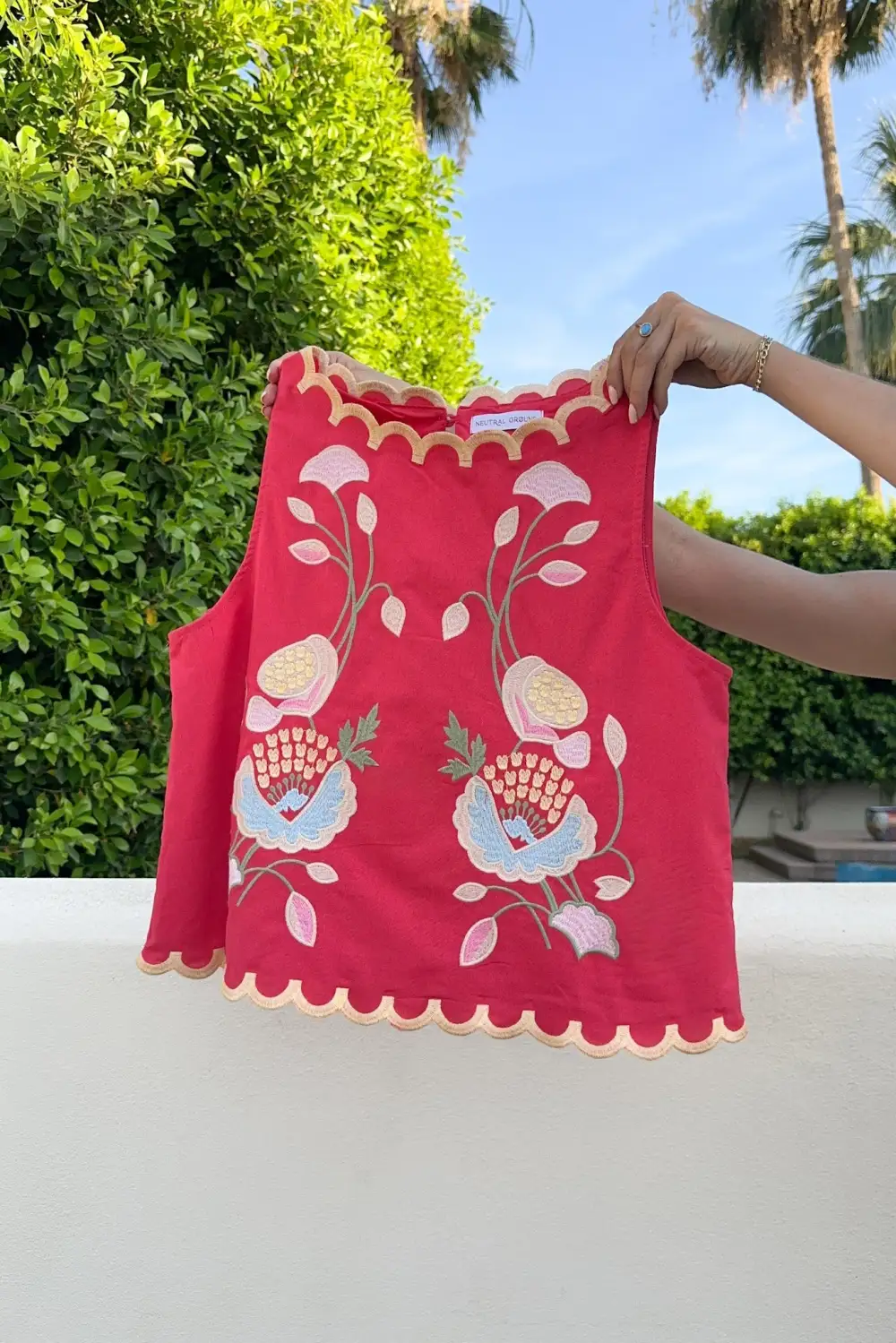 Structured Floral Embroidered Sleeveless Top