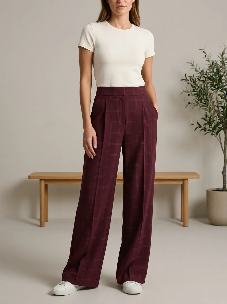 Wide-Leg Plaid Printed Women's Wide-Leg Pants