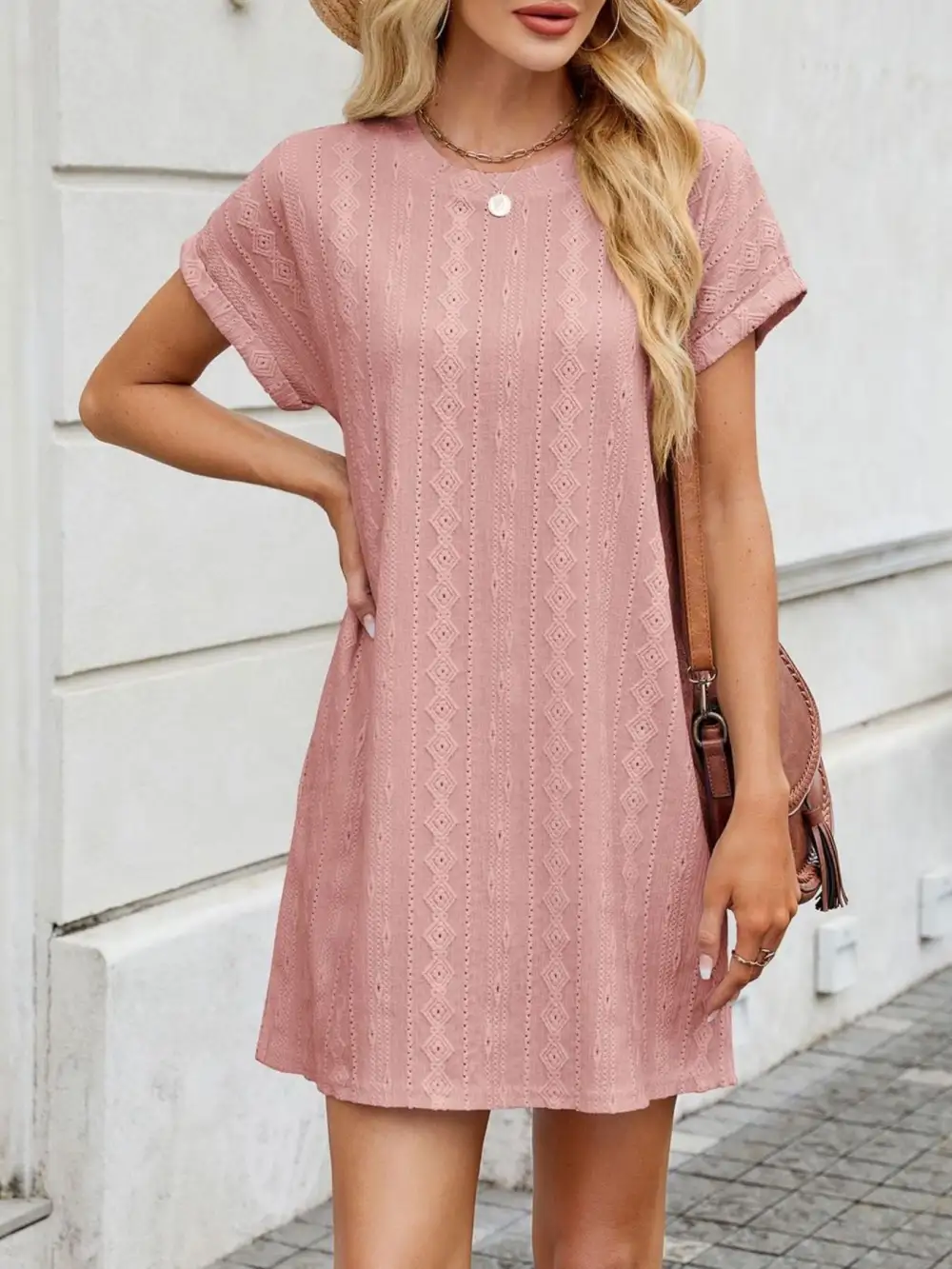 Eyelet Round Neck Mini Dress