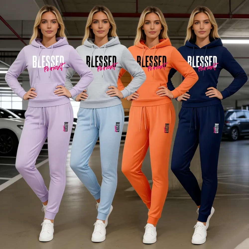 Women's Blessed Graphic Hoodie & Jogger Set – Cozy 2-Piece Casual Tracksuit