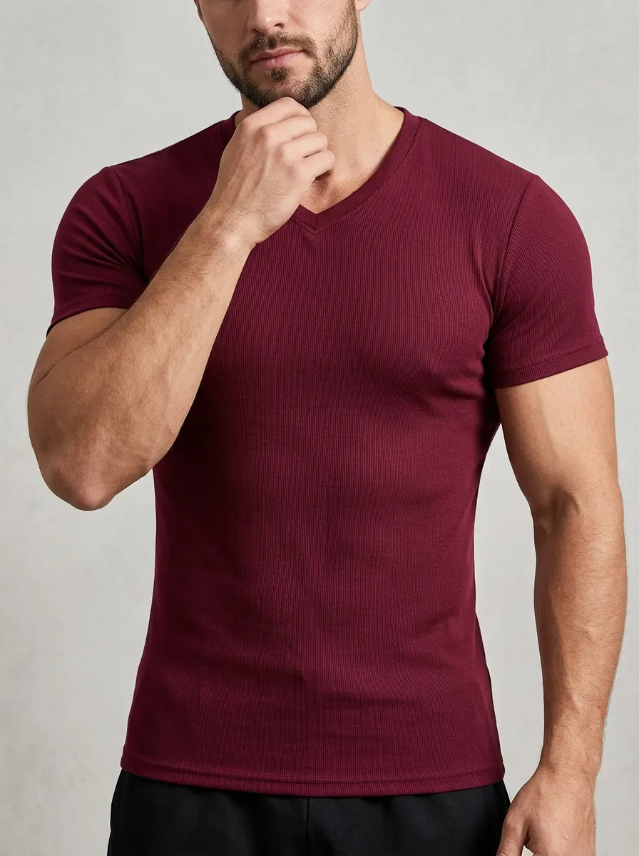 Minimal Ribbed V-Neck Finish Men's Slim Fit Short Sleeve T-Shirt