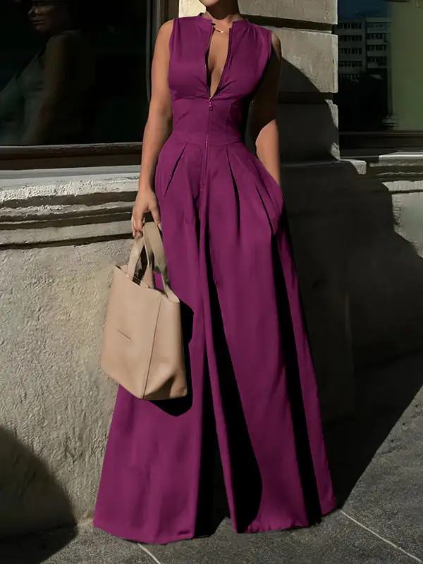 Jumpsuits Met Hoge Taille Losse Zakken Effen Kleur