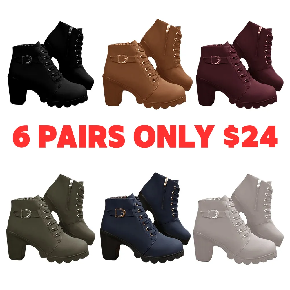 Women's Lace-Up Chunky Heel Short Boots, Metal Buckle Accent, Fashionable & Versatile