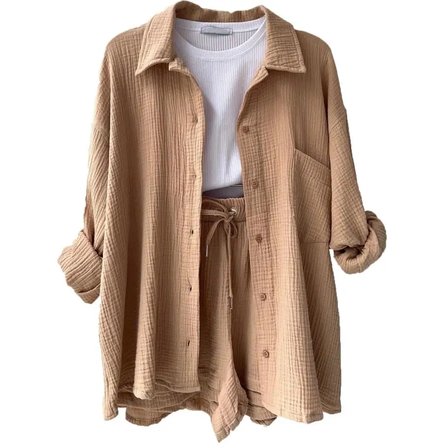 Relaxed Textured Button Up Shirt and Shorts Set