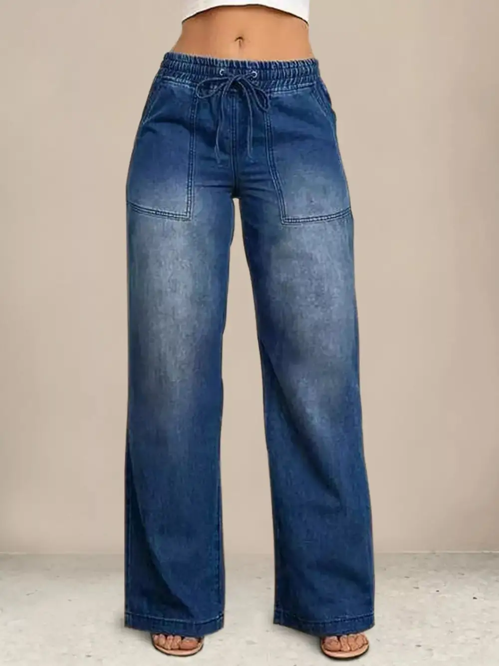 Wide Leg Drawstring Denim Jeans