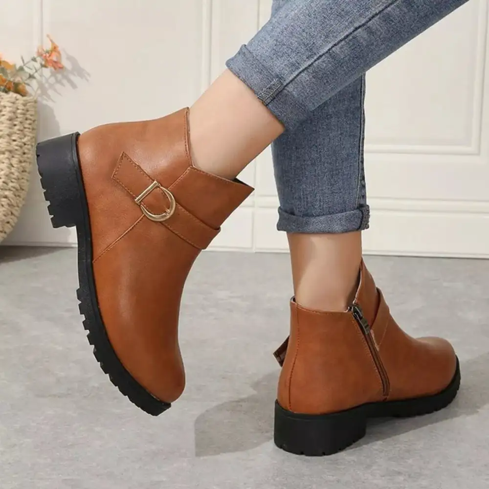 Textured Buckle Accent Ankle Boots