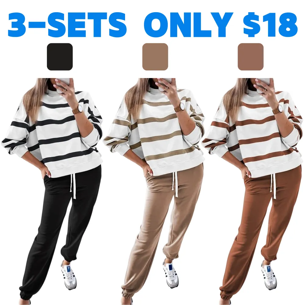 Women's Striped Two Piece Outfit Long Sleeve Drop Shoulder Pullover Tops & Jogger Pants