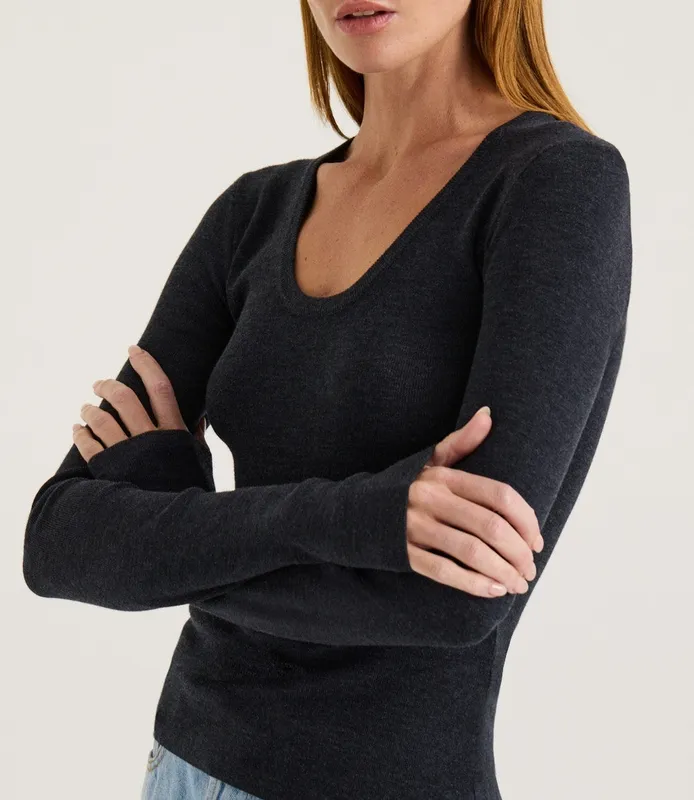 Charcoal Merino Scoop Neck Long Sleeve Top