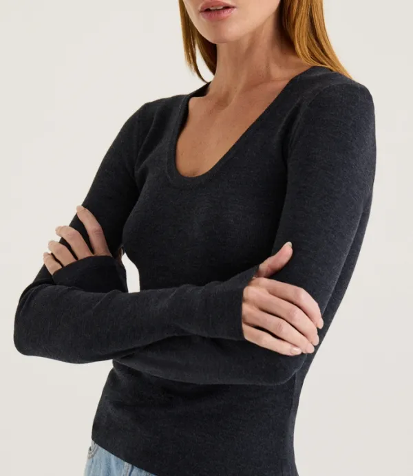Charcoal Merino Scoop Neck Long Sleeve Top
