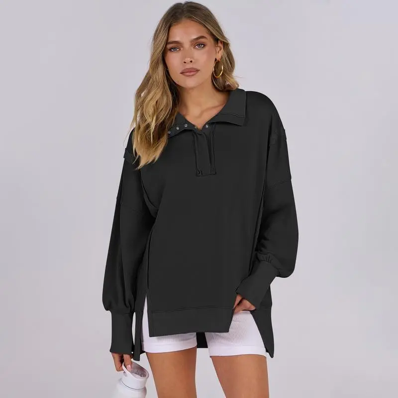 Women's Sweatshirts Oversized Casual Loose Button Up Henley Pullover Top High Low Split Fall Fashion Outfits