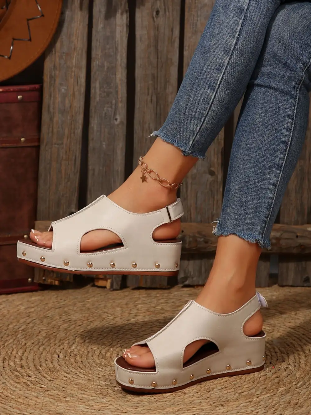 Pu Leather Studded Wedge Sandals
