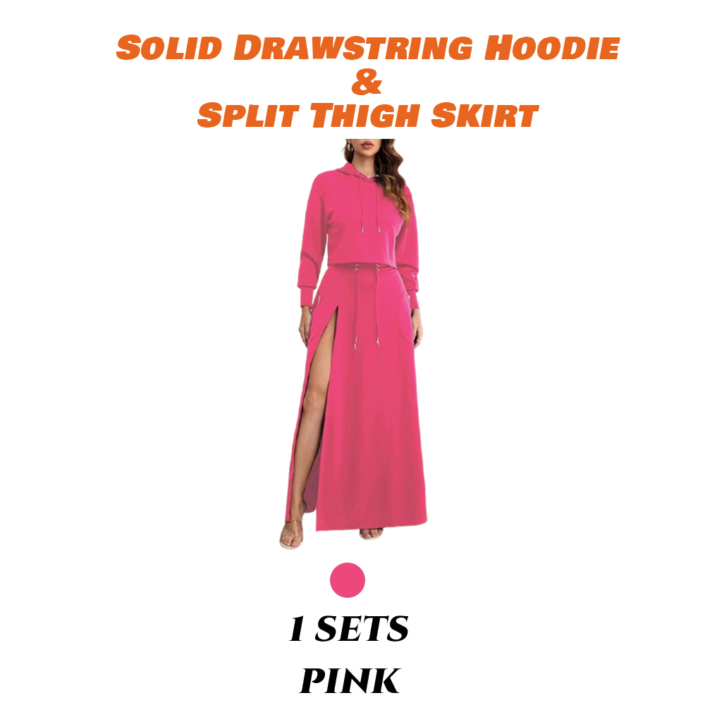 Women'S Solid Drawstring Hoodie & Split Thigh Skirt Set, Long Sleeve Top & Pocket Long Skirt, Casual Fashion Cozy Co-Ord Set, Women Clothes