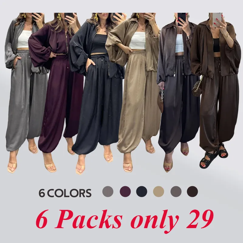 Women's solid color cross-section design casual zipper cardigan & pants set