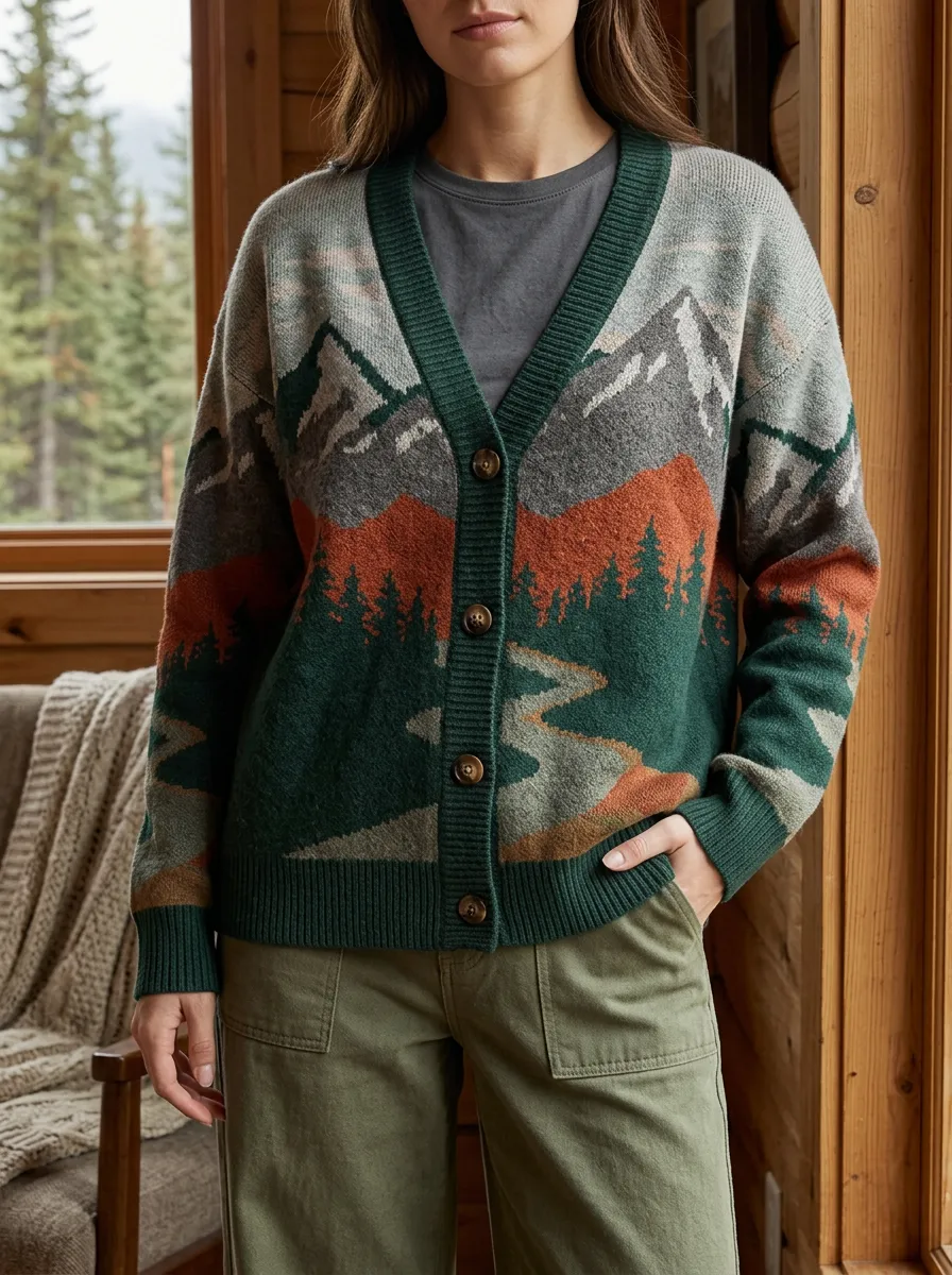 Women's Nature Lover Mountain Forest Landscape Printed Long Sleeve Versatile Layering Cardigan