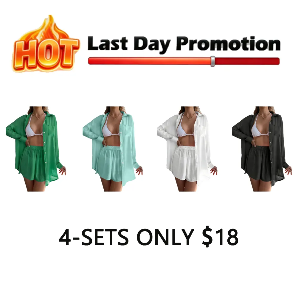 Women's Solid Button-Front Pocket Sheer Cover-Up Shirt & Shorts Set, Casual Drop-Shoulder Long-Sleeve Top & Shorts for Beach Vacation, Ladies Summer Swimwear Clothes