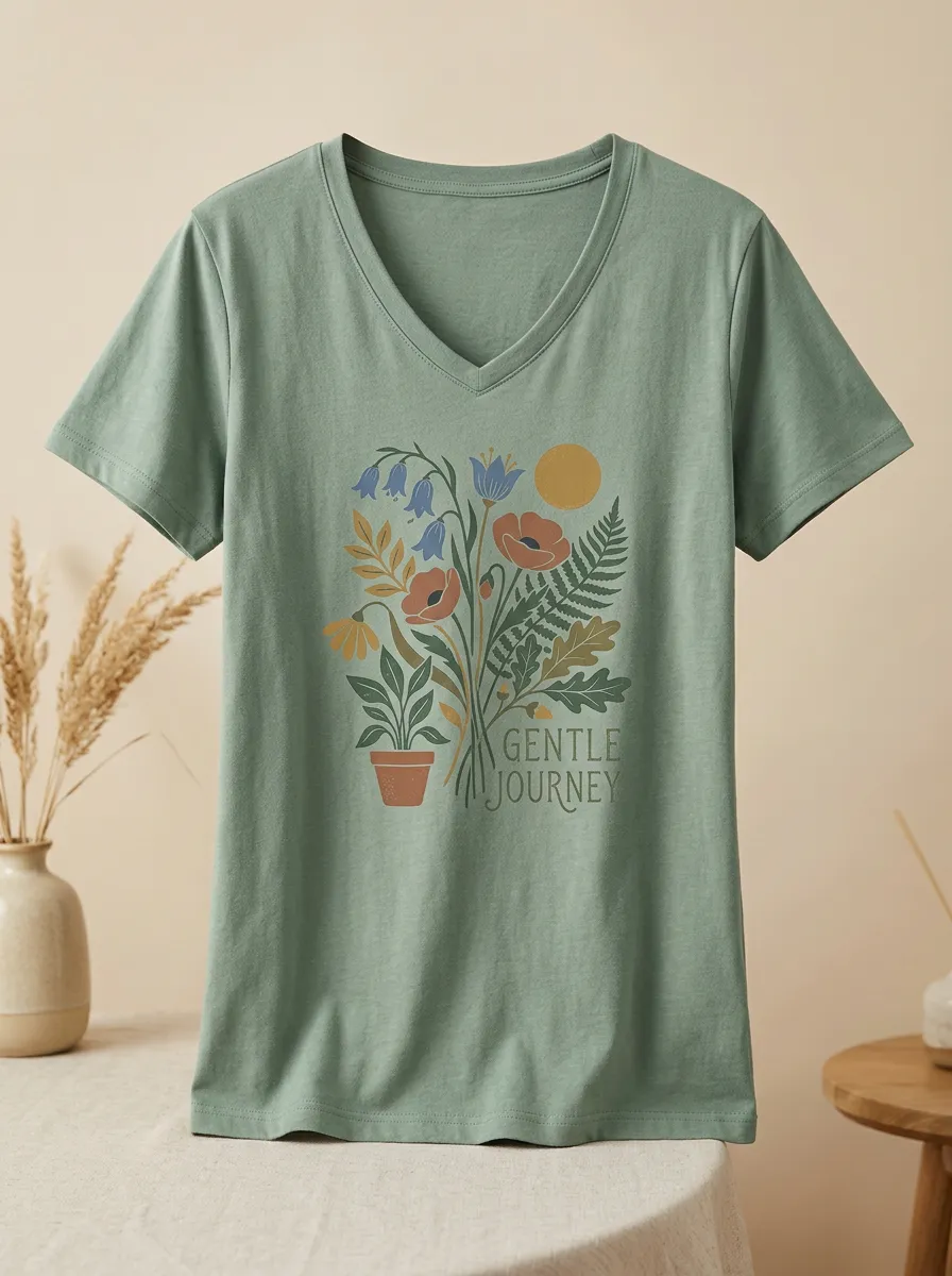 Women's Gentle Journey Botanical Flower Print V-Neck T-Shirt