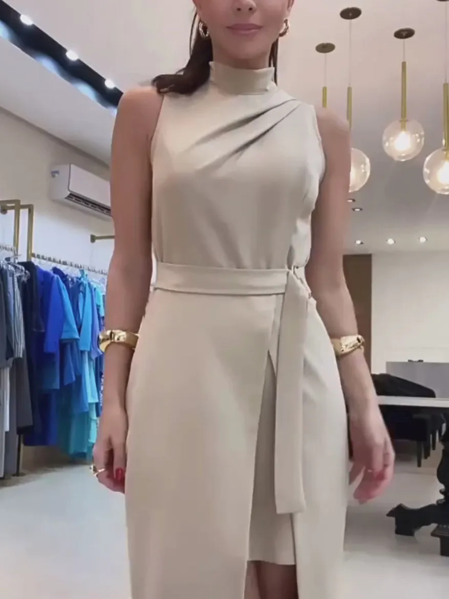 Elegant Stand Collar Fake Two Piece Midi Dress