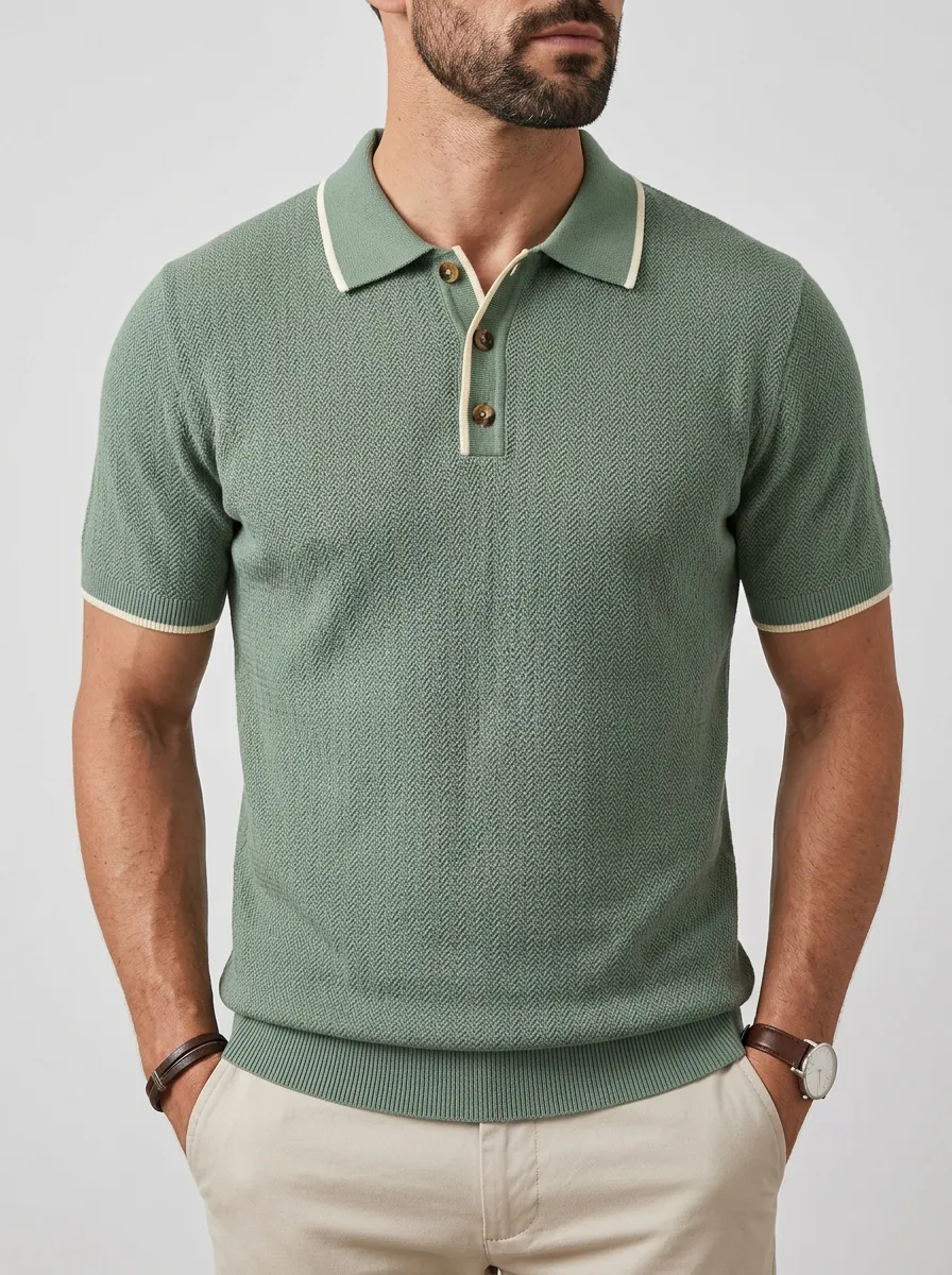 Men's Herringbone Knit Ribbed Textured Polo Shirt