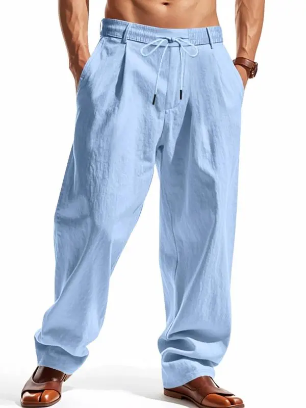 Men’s Solid Color Linen Pants – Casual Wide-Leg Regular Fit Trousers for Spring & Fall
