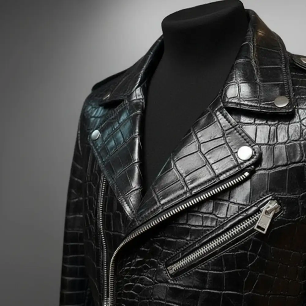 Refined Cowhide Biker Motorcycle Embossed Jacket