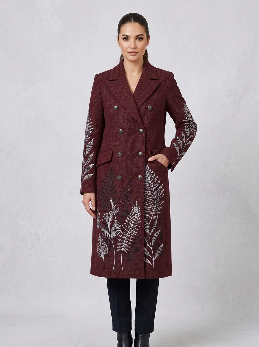Women's Botanical Fern Printed Double-Breasted Coat