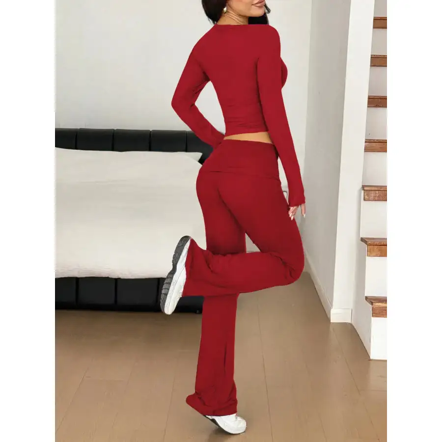 Long Sleeve Crop Top and Bootcut Pants Set