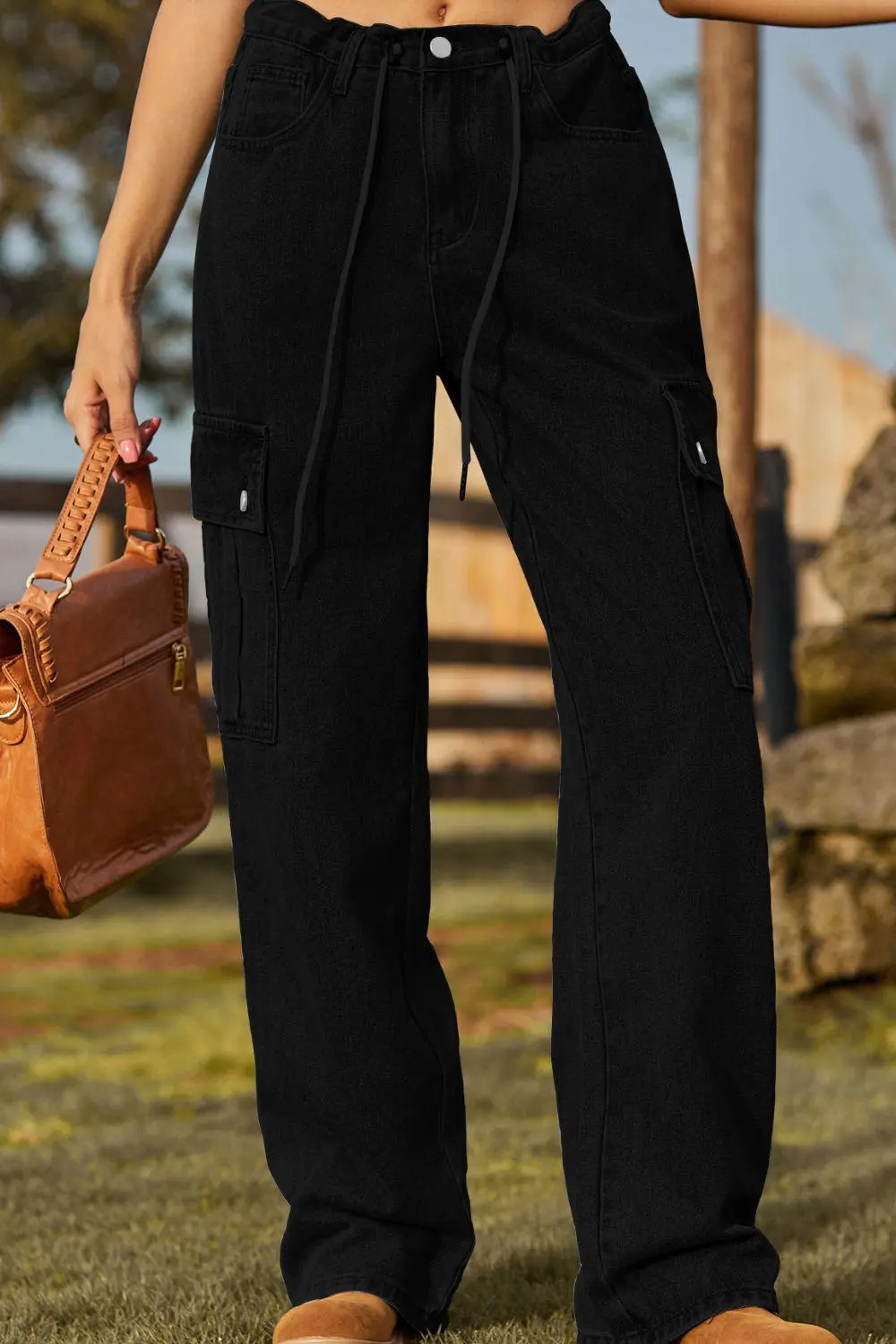 Loose Fit Pocketed Drawstring Denim Jeans