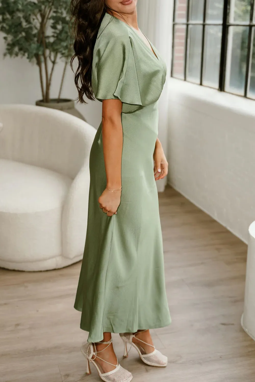 V-Neck Short Sleeve Satin Dress