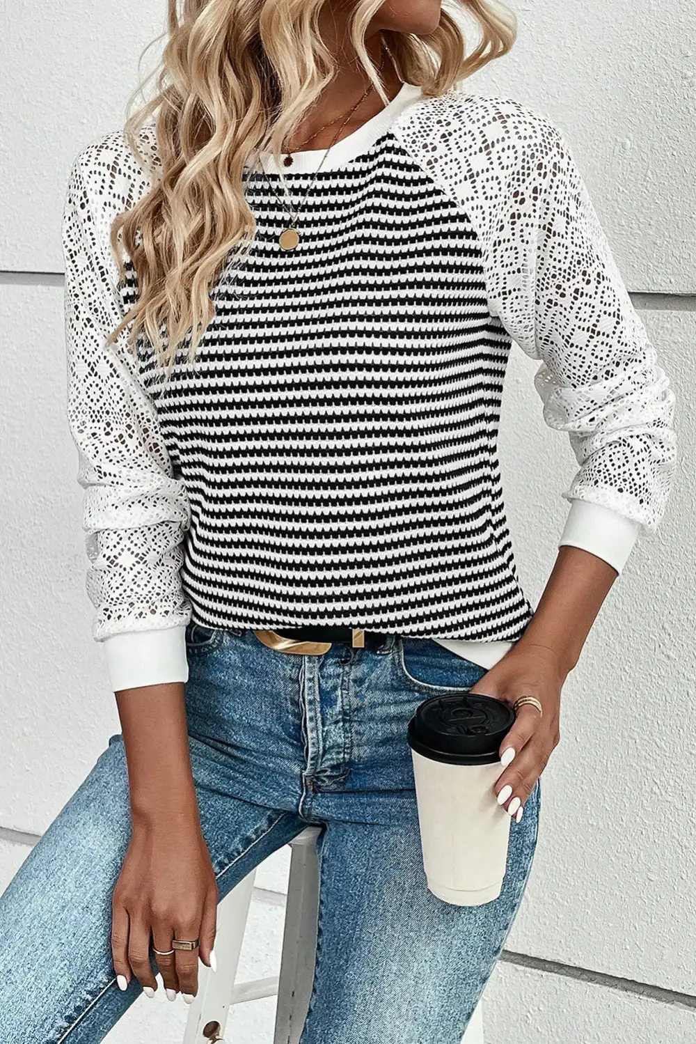 Striped Lace Trim Knit Top