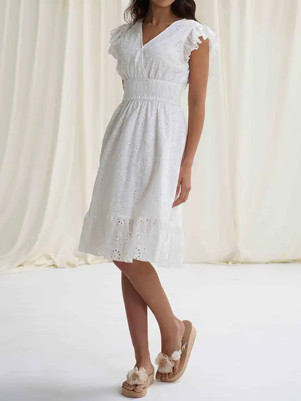 A Line Relaxed Elasticity Hollow Pleated Solid Color V Neck Mini