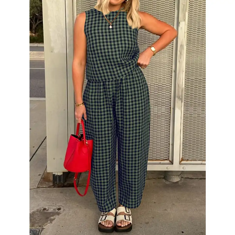 Lovelet Plaid Round Neck Sleeveless Top and Pants Set