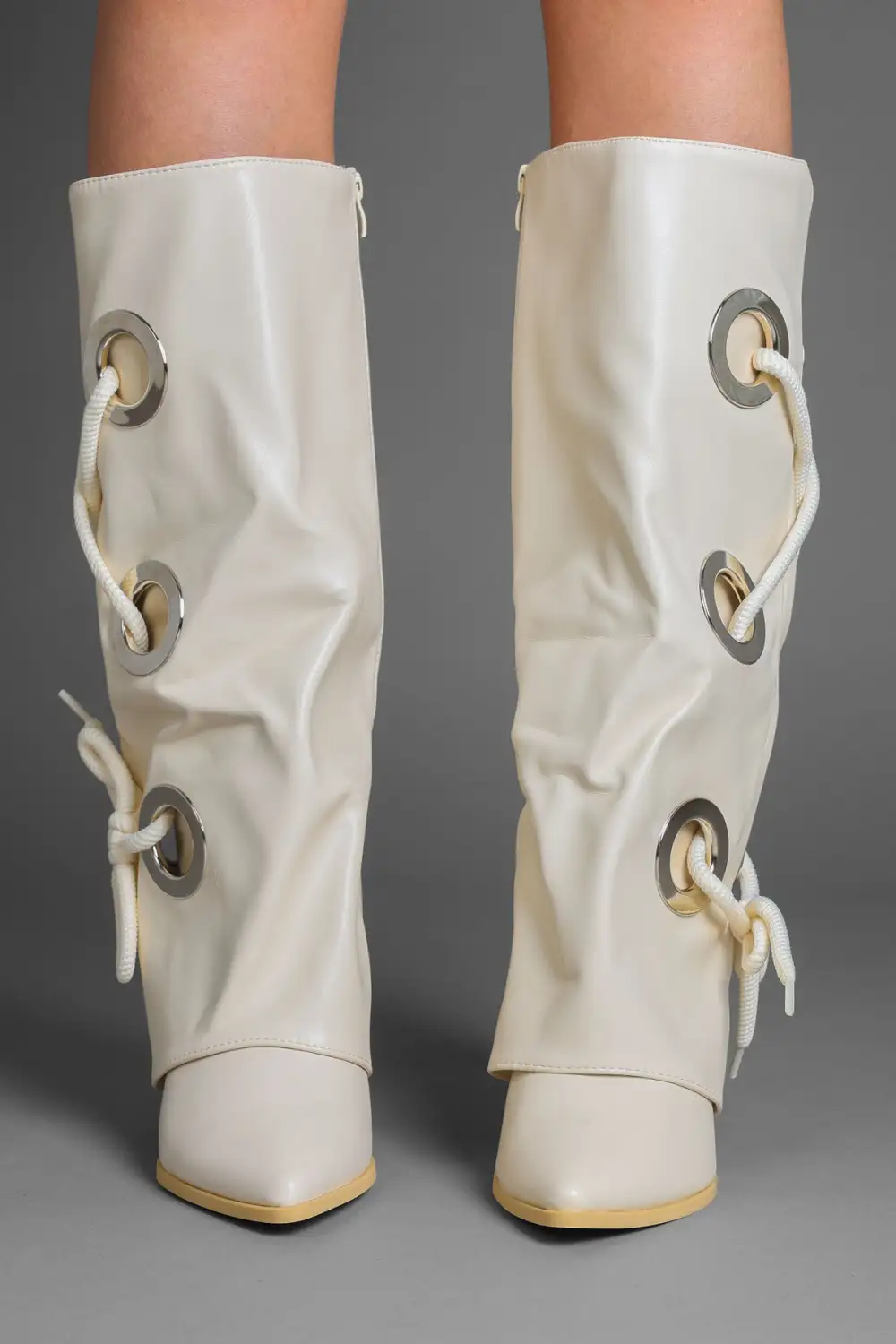 Classic Fold-Over Lace Detail Pointed Toe Faux Leather Knee High Boots