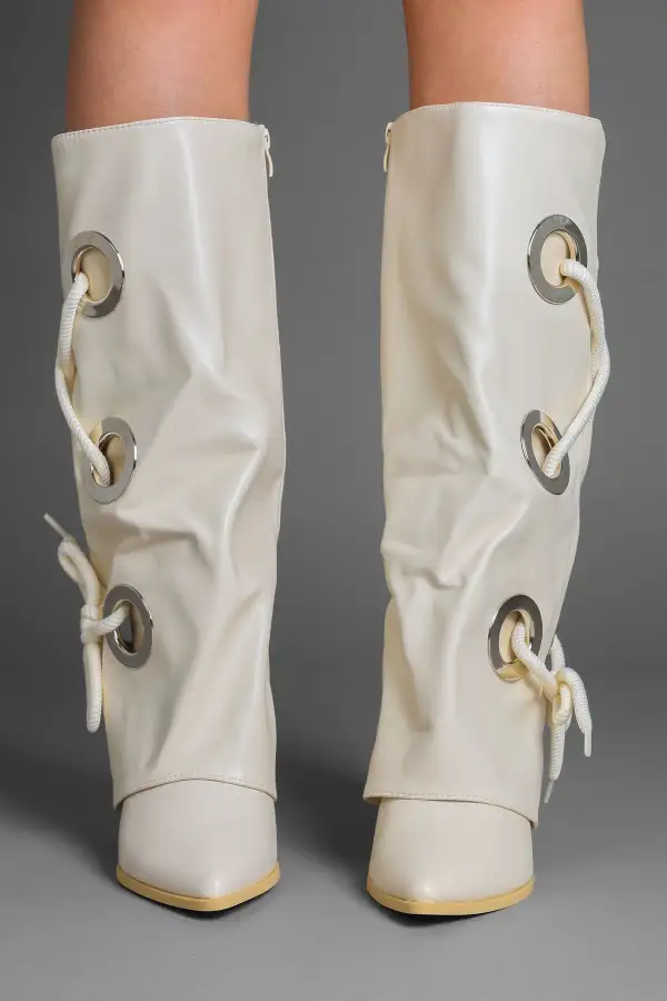 Classic Fold-Over Lace Detail Pointed Toe Faux Leather Knee High Boots