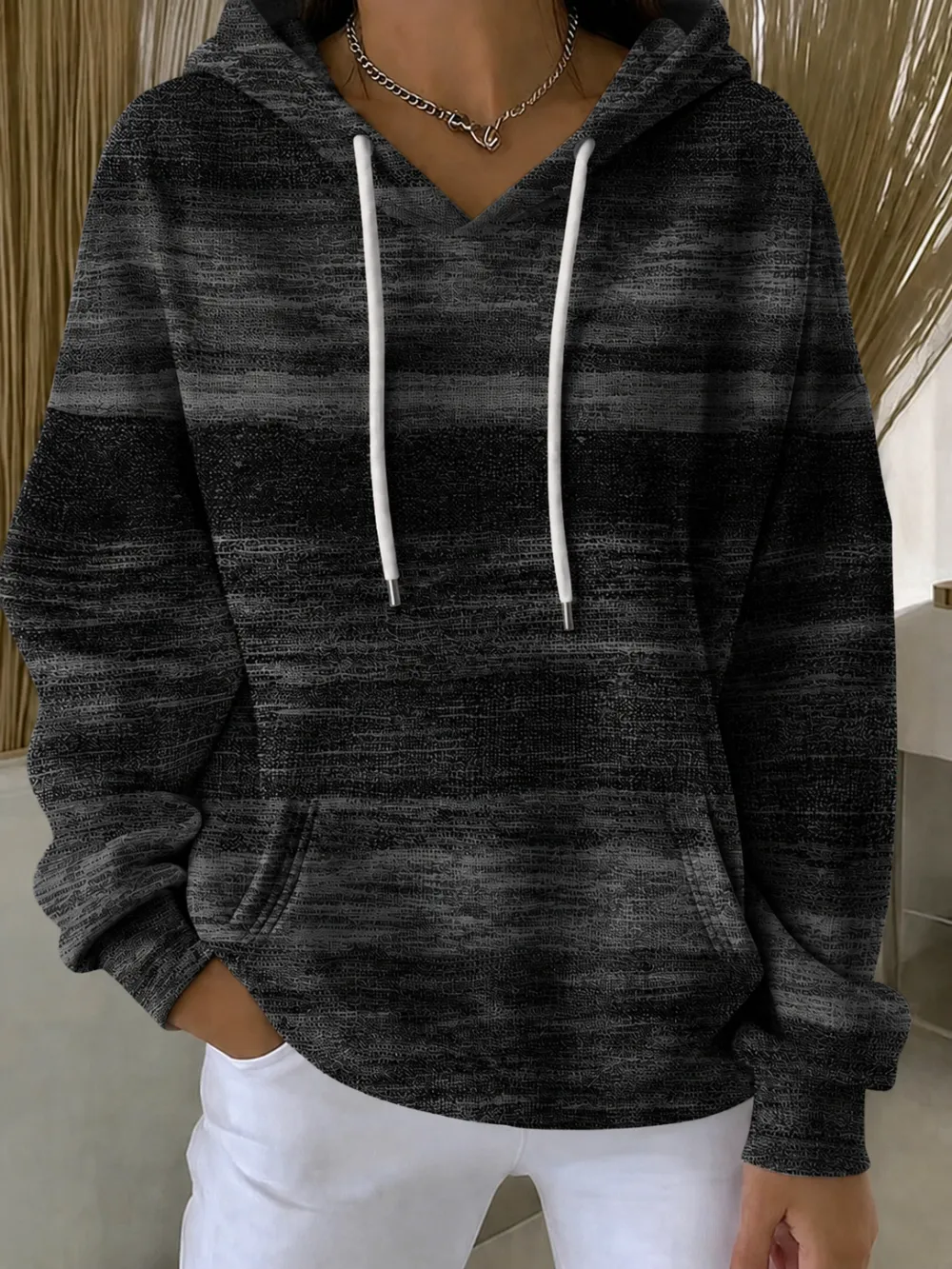 Women's Ribbon Print Long Sleeve Hooded Sweatshirt