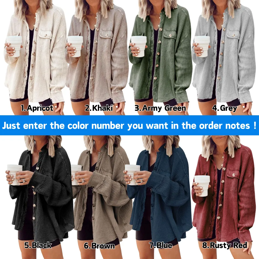 Women's Loose Fit Batwing Sleeve Waffle Knit Button Down Shirt