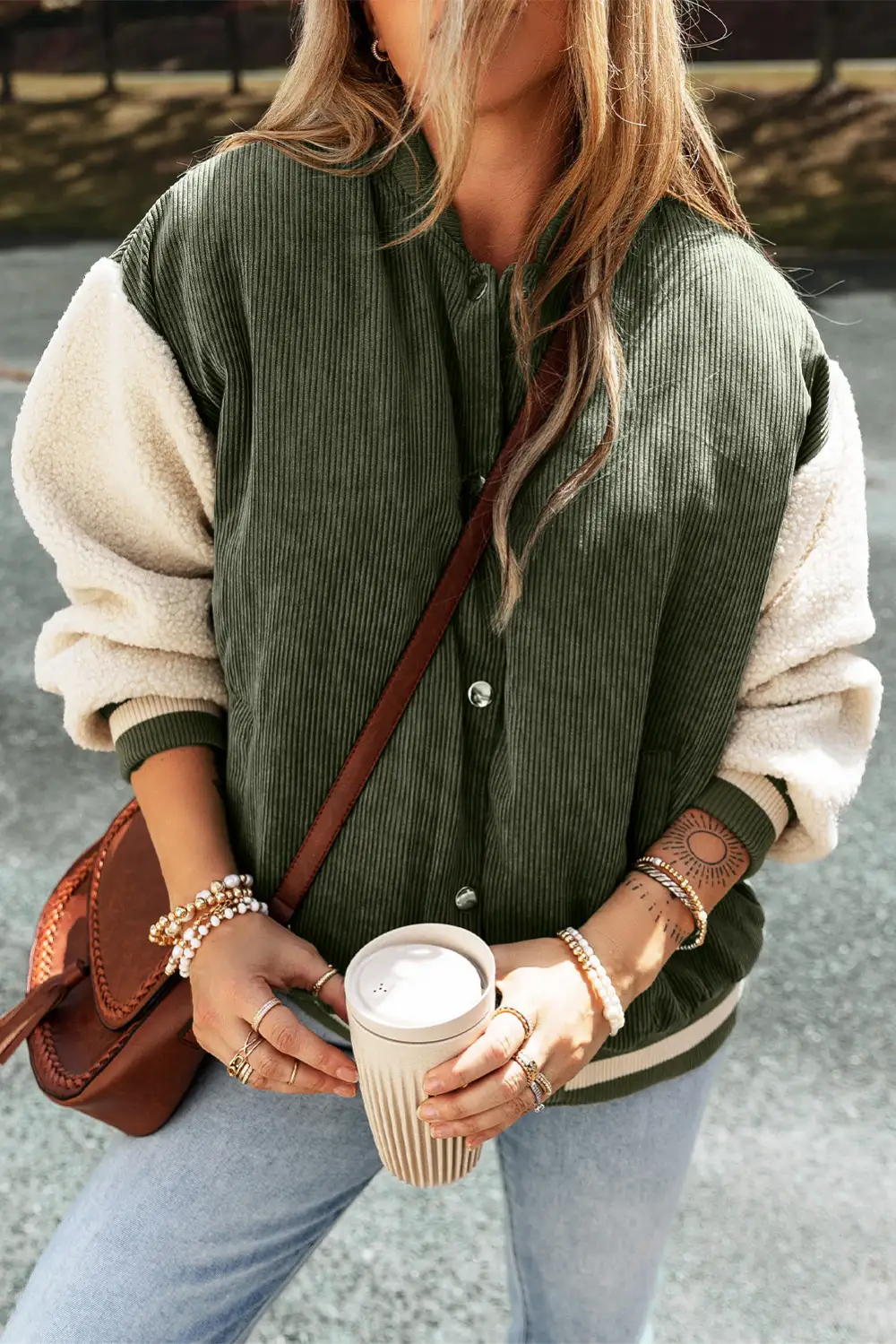 Mist Corduroy Fleece Patchwork Button Bomber Jacket