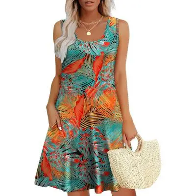 Womens Summer Dresses Loose U Neck Sleeveless Sundresses Dress with Pockets