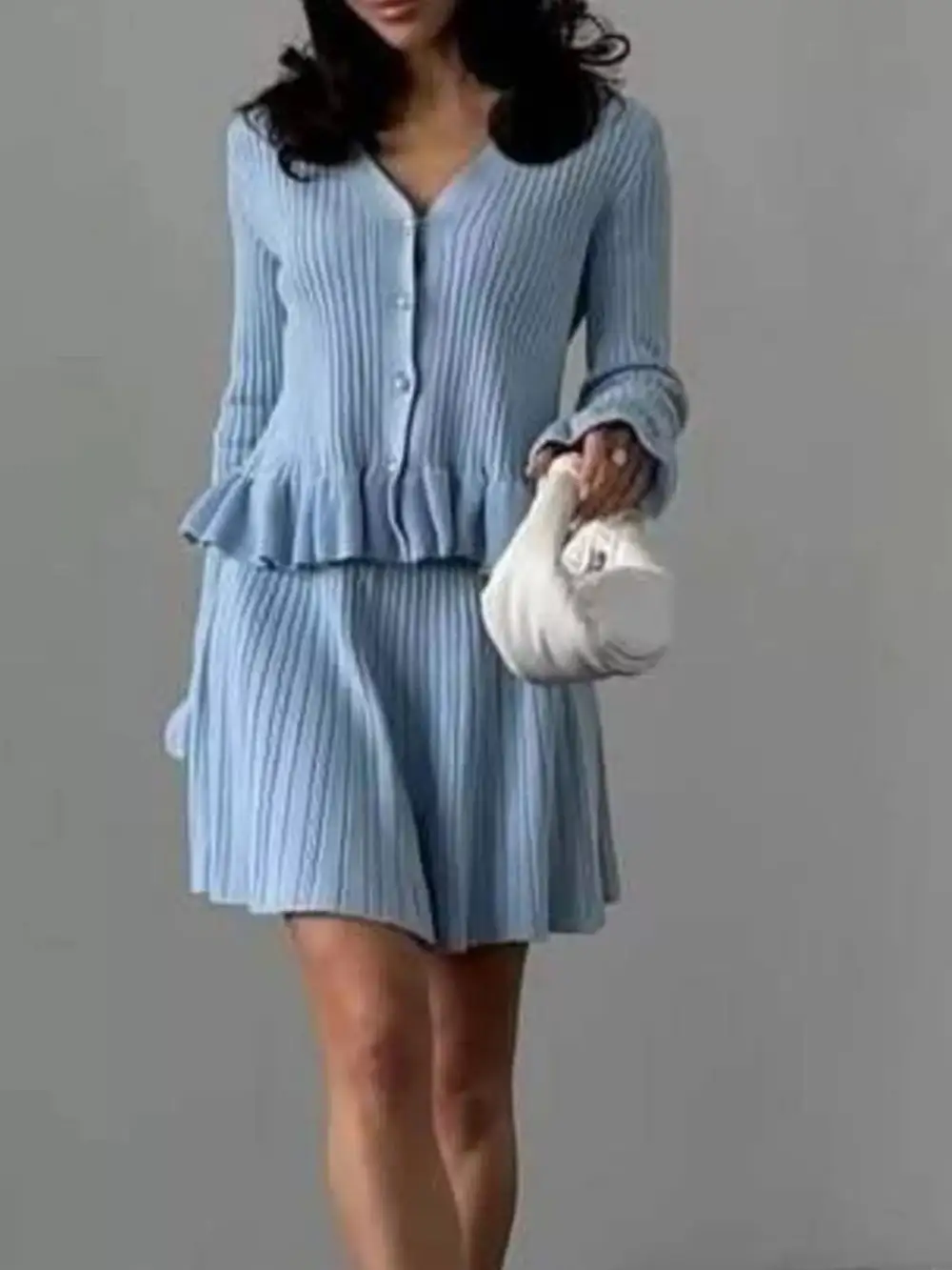 Ruffle Trim Knit Cardigan & Skirt Set