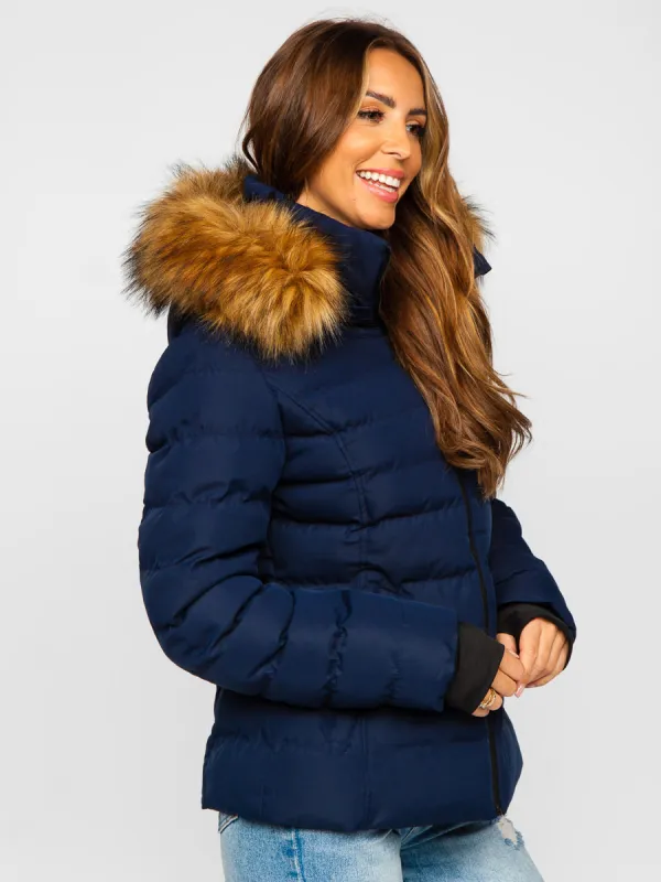 Dark blue women's quilted winter jacket with hood