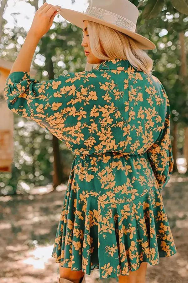 Printed Button Front Ruffle Dress Casual