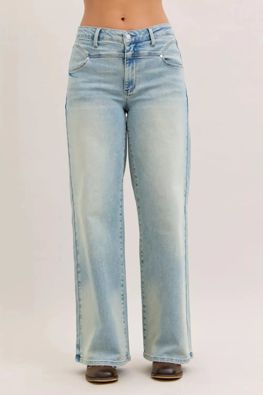 Polished High-Waist Washed Pocketed Stretch Straight Leg Jeans