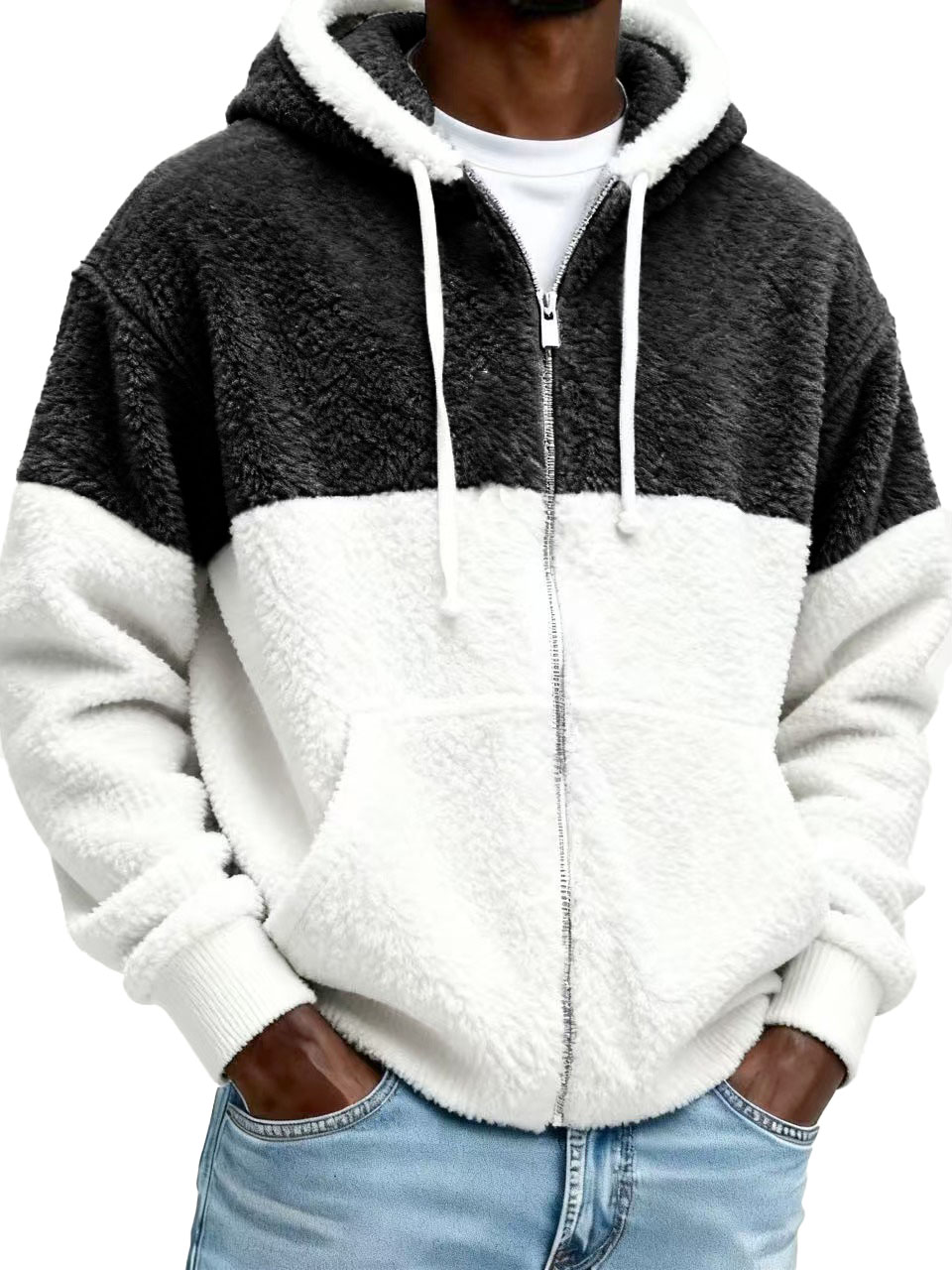 Men’s Stylish Casual Patchwork Plush Warm Long-sleeved Hooded Jacket