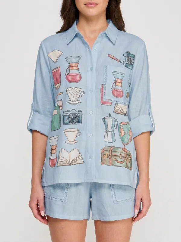 Women's Coffee Lover Travel Hobby Printed Button-up Shirt
